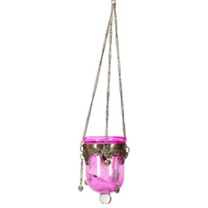 Mobler Závěsný skleněný svícen, růžový, kovové zdobení, 9x5,5cm