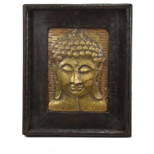 Mobler Obraz recyklovaného teakového dřeva, relief Buddhy z tepaného kovu, 25x29x3cm
