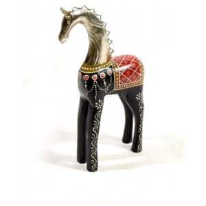 SB Orient Soška koně, dřevěná, ručně malovaná, kovová hlava, černá, 16x39cm
