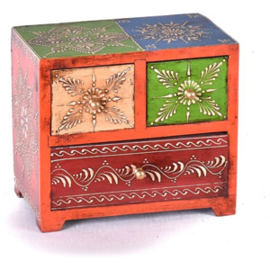 SB Orient Dřevěná skříňka se 3 šuplíky, ručně malovaná, oranžová, 20x12x18cm
