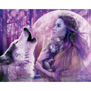 Výprodej - Plakát Full Moon - Girl and Wolves in the Forest