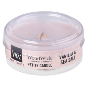 WoodWick - vonná svíčka Petite, Vanilka & mořská sůl 31g (Vanilla & Sea Salt. Jemné vanilkové květy vířící se s nádechem mořské soli a jasmínu.)
