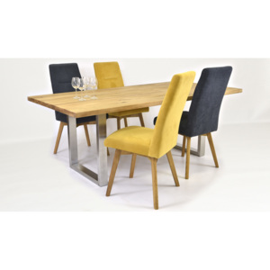 Stůl z masivu - ocelové nohy + židle - 8 ks / Žlutá / 200 x 100 cm Inox + tina