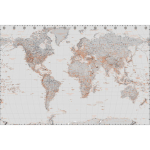 Plakát World Map - Silver With Orange