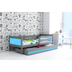 Dětská postel s úložným prostorem a matrací v kombinaci grafit a modré barvy 80x190 cm F1366