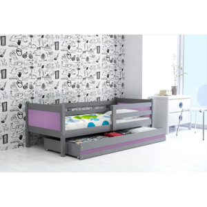 Dětská postel s úložným prostorem a matrací v kombinaci grafit a fialové barvy 80x190 cm F1366