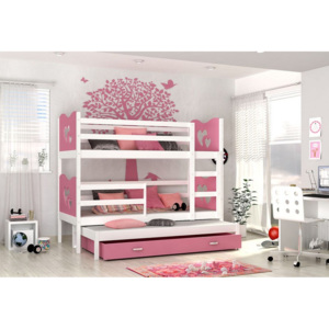 Dětská patrová postel MAX 3 color, 184x80, bílá/vláček/růžová - VÝPRODEJ Č. 316