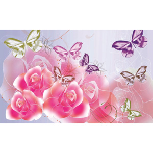 C544P4 Fototapeta: Růžové růže a motýli - 184x254 cm