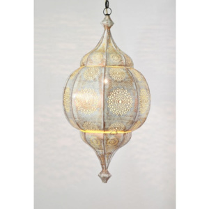Mosazná lampa v arabském stylu, bílá patina, uvnitř žlutá, 70cm