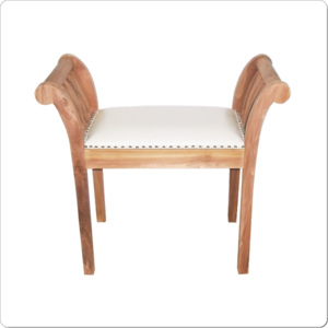 Taburetka dřevěná stolička kožený bílý sedák z masivu teaku dřevěné taburetky