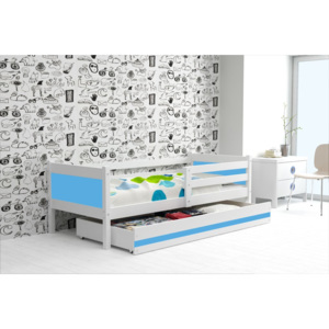 Dětská postel s úložným prostorem a matrací v kombinaci bílé a modré barvy 80x190 cm F1366