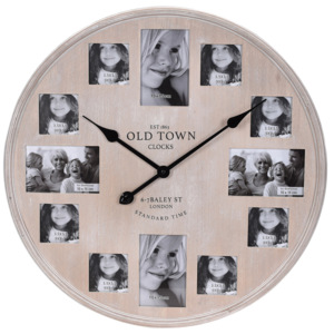 Nástěnné hodiny s 12 rámečky na fotky, dřevěné, 60 cm