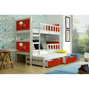 Dětská patrová postel PONOKIO 3 - bílá / červená + beruška