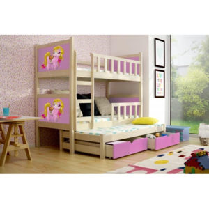 Dětská patrová postel PONOKIO 3 - přírodní / růžová + poník
