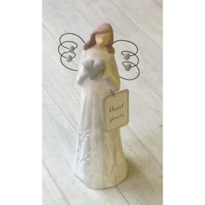 Keramika Andreas® Anděl štíhlý velký - bílý s vyrytou větvičkou Vyberte nápis: Ochránce rodinného štěstí