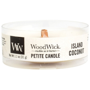 WoodWick - vonná svíčka Petite, Kokosový ostrov 31g (Island Coconut. Šťavnatý kokos je ve spojení s krémovým kokosem vytvářejí dokonalou tropickou sen