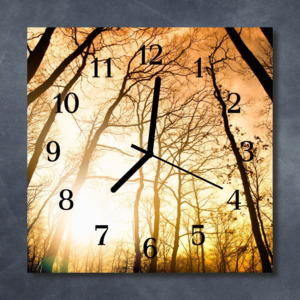 Nástěnné hodiny obrazové na skle - Západ slunce v lese