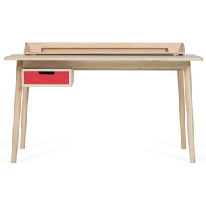 Pracovní stůl z dubového dřeva s červenou zásuvkou HARTÔ Honoré, 140 x 70 cm