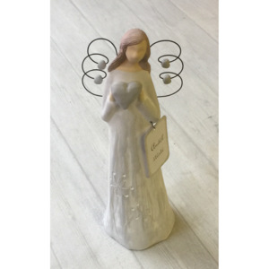 Keramika Andreas® Anděl štíhlý velký - bílý s vyrytými kvítky Vyberte nápis: Ochránce rodinného štěstí