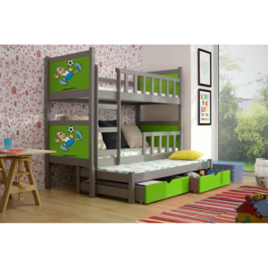 Dětská patrová postel PONOKIO 3 - šedá / zelená + fotbalista