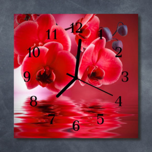 Nástěnné hodiny obrazové na skle - Orchidej červená