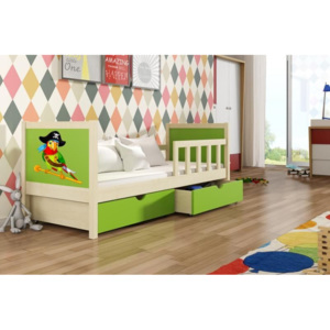 Dětská postel PONOKIO 1 - přírodní / zelená + papoušek