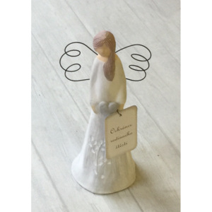 Keramika Andreas® Anděl štíhlý malý - bílý s vyrytou větvičkou Vyberte nápis: Ochránce rodinného štěstí