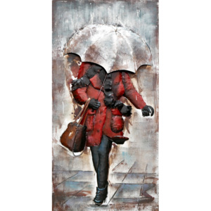 Kovový obraz - Červená Dáma v dešti III., 120x60 cm