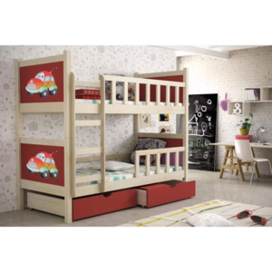 Dětská patrová postel PONOKIO 2 - přírodní / červená + auto