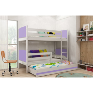 Dětská patrová postel s přistýlkou v kombinaci bílé a fialové barvy F1381