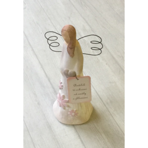 Keramika Andreas® Anděl štíhlý malý - bílý s modelovanými kytičkami Vyberte nápis: Ochránce rodinného štěstí