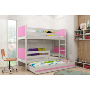 Dětská patrová postel s přistýlkou v kombinaci bílé a růžové barvy F1381