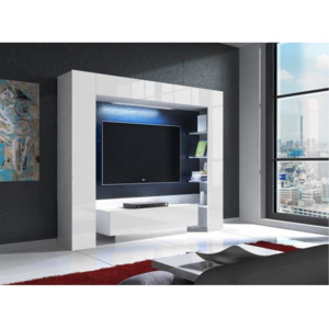 Luxusní TV a media stěna, bílá / bílý extra vysoký lesk s LED osvětlením, MONTEREJ