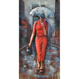 Kovový obraz - Červená Dáma v dešti I., 120x60 cm