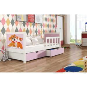 Dětská postel PONOKIO 1 - bílá / růžová + pejsek-kočička