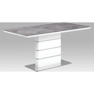 Jídelní stůl 160x90, šedé sklo, bílý vysoký lesk MDF, broušený nerez