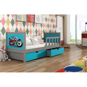 Dětská postel PONOKIO 1 - šedá / modrá + motorka