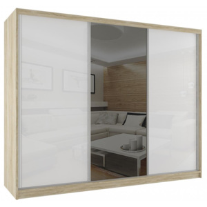 Moderní šatní skříň s posuvnými skleněnými dveřmi se zrcadlem šířka 235 cm dub sonoma korpus 81 Dub sonoma - Bílá