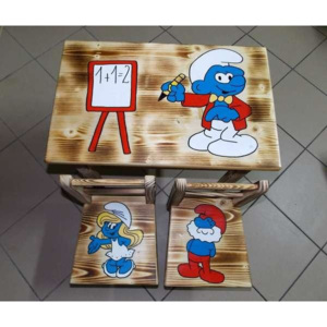 Dětský dřevěný stoleček a 2 židličky z masivu borovice Šmoulové