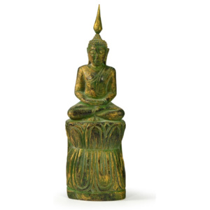 Narozeninový Buddha, čtvrtek, teak, zelená patina, 23cm