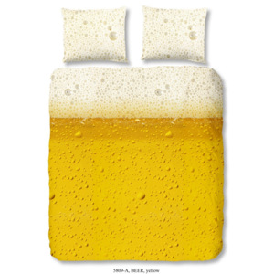 Žluté bavlněné povlečení na dvoulůžko Good Morning Beer, 200 x 240 cm