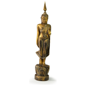 Narozeninový Buddha, pondělí, teak, zlatá patina, 26cm