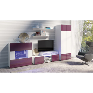 GIB Luxusní nábytek do obýváku GORDIA sestava 5 Bílá / Bílý lesk + Fialový lesk BARVA LED OSVĚTLENÍ: RGB +934Kč