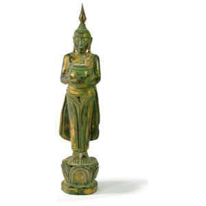 Narozeninový Buddha, středa, teak, zelená patina, 26cm