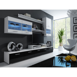 Luxusní obývací stěna LOGO 2A Bílá / Černý lesk BARVA LED OSVĚTLENÍ: RGB +820Kč