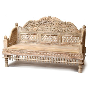 Masivní lavice z mangového dřeva, bílá patina, ručně vyřezávaná, 148x62x92cm