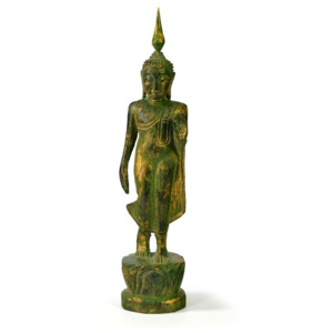 Narozeninový Buddha, pondělí, teak, zelená patina, 23cm
