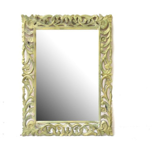 Zlato zelené, ručně vyřezávané zrcadlo z mangového dřeva, 89x119x4cm