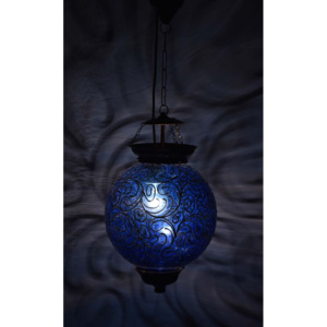 Kulatá skleněná lampa zdobená zlatými ornamenty, modrá, 25x35cm