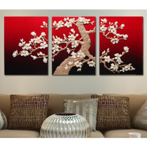 Zlatá magnolie v červené set 3 ks - obraz dekorace na zeď